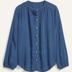 Oversized Chambray Button-Front Poet Blouse